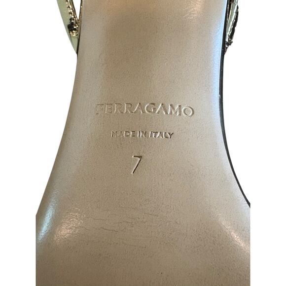Ferragamo Denise Sandals Heel Chain Ankle Strap 70mm Metallic Gold Party Sz 7 - Picture 11 of 14